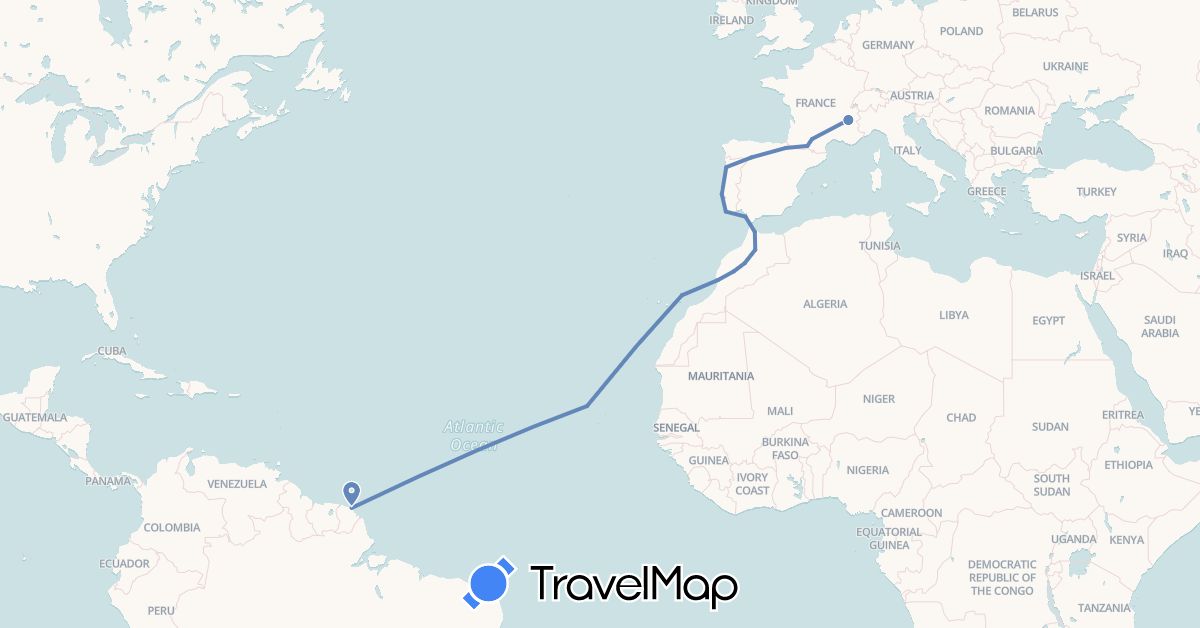 TravelMap itinerary: driving, cycling in Cape Verde, Spain, France, Morocco, Portugal (Africa, Europe)